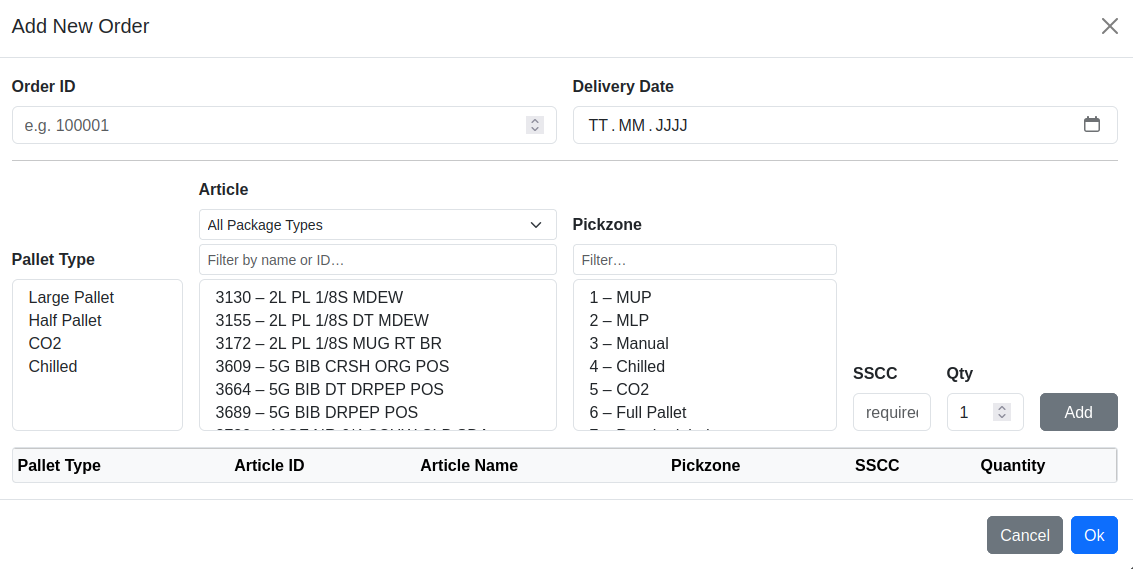 Webpage Orders Add Order